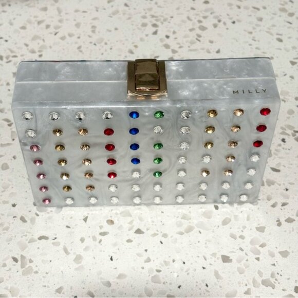 Milly Box Acrylic Clutch Swarovski Crystal Rainbow Stripe Removable Chain - Picture 5 of 14